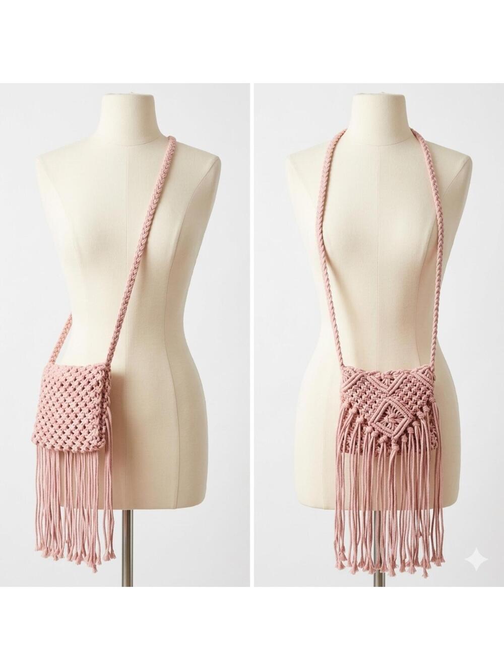 Pink Macrame Handbag Vegan Boho Chic Woven Bohemian Purse Lined Festival Bag